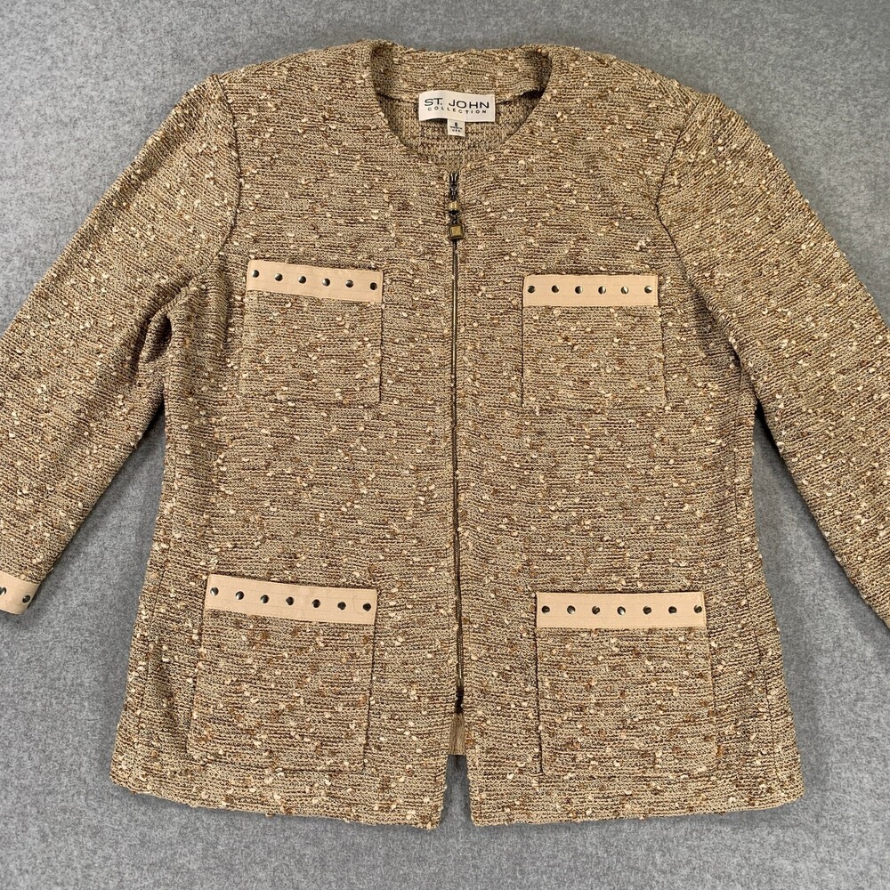 St. John Collection Blazer Jacket Gold Tan Boucle Knit Leather Trim Zip Size 8 - Picture 2 of 12